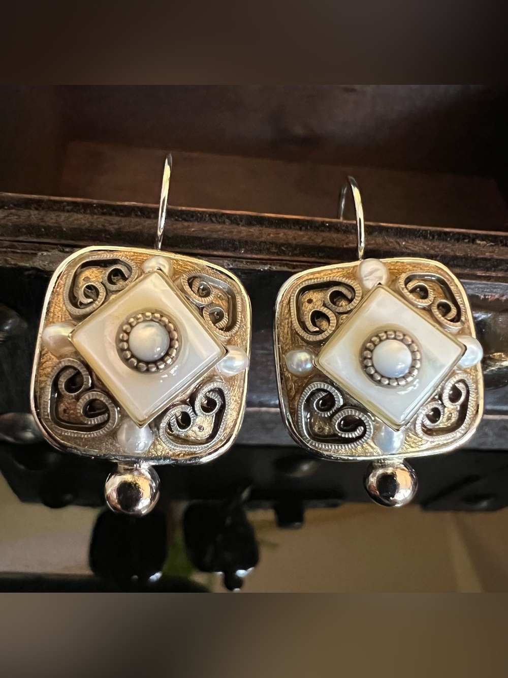 Michal Golan Vintage Pearl Square Filigree Drop Earrings Statement Jewelry